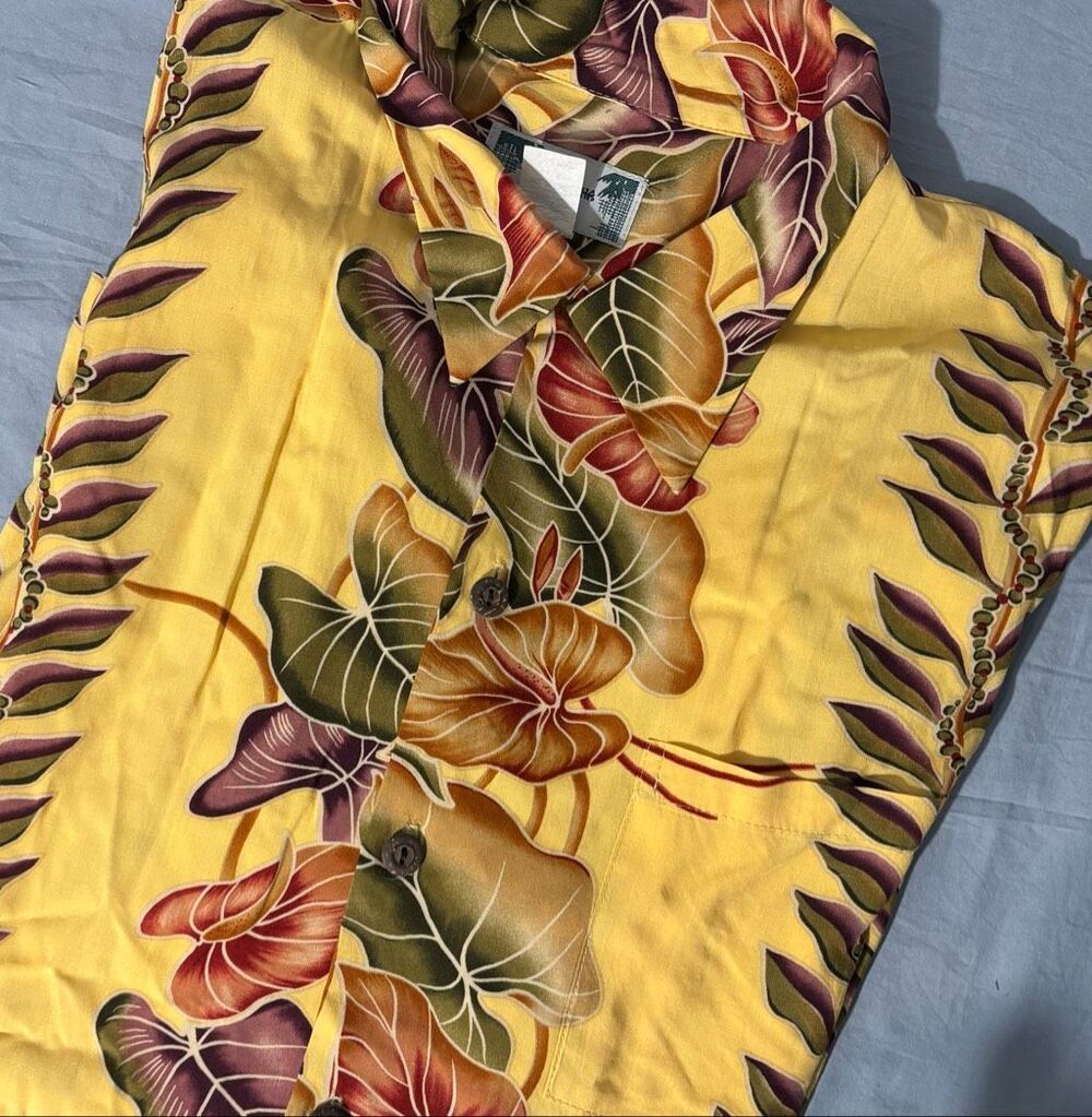 Kamehameha Hawaiian Shirt Mens XL Relaxed Floral Rayon Tropical Yellow